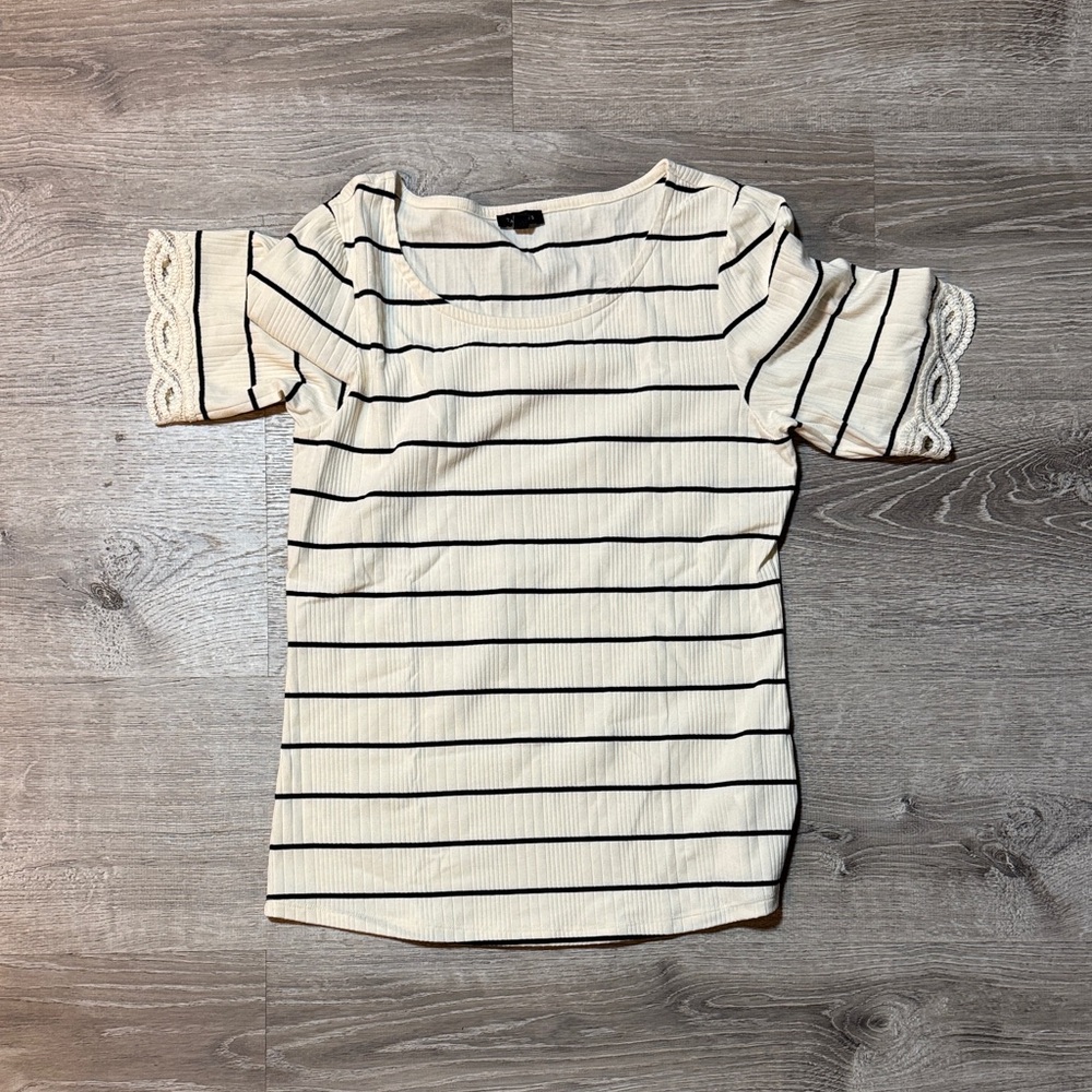 Talbots Black and White Striped Short Sleeve Top